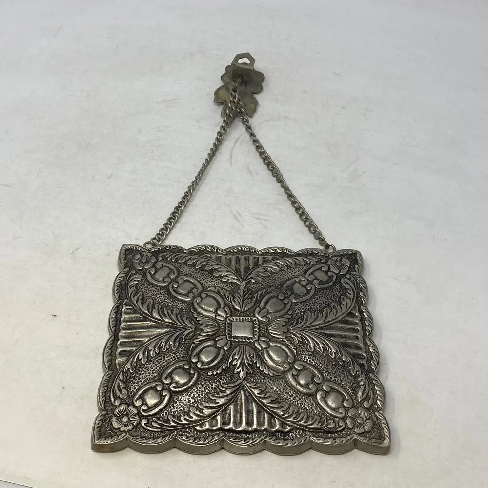Vintage Silver Tone Ornate Floral Repousse Wall Hanging Mirror with Chain Mount